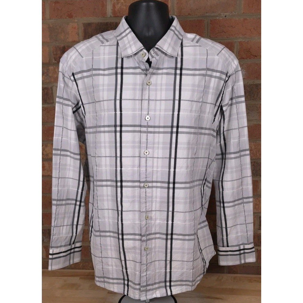 Tommy Bahama Island Modern Fit White Gray Plaid Cotton Silk Long Sleeve Shirt XL